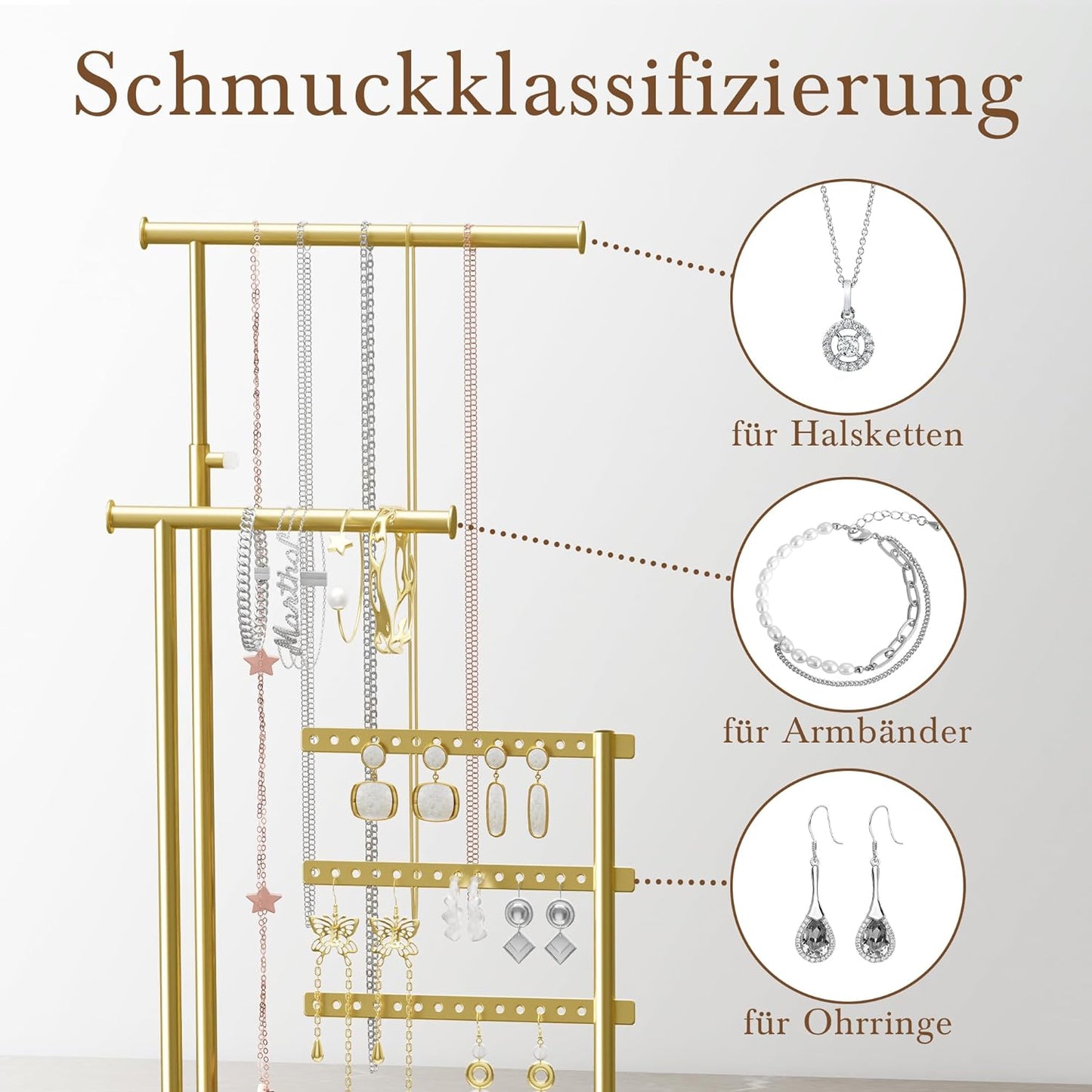 Schmuckständer Gold Metall 3 Stangen Organizer 37cm Höhe