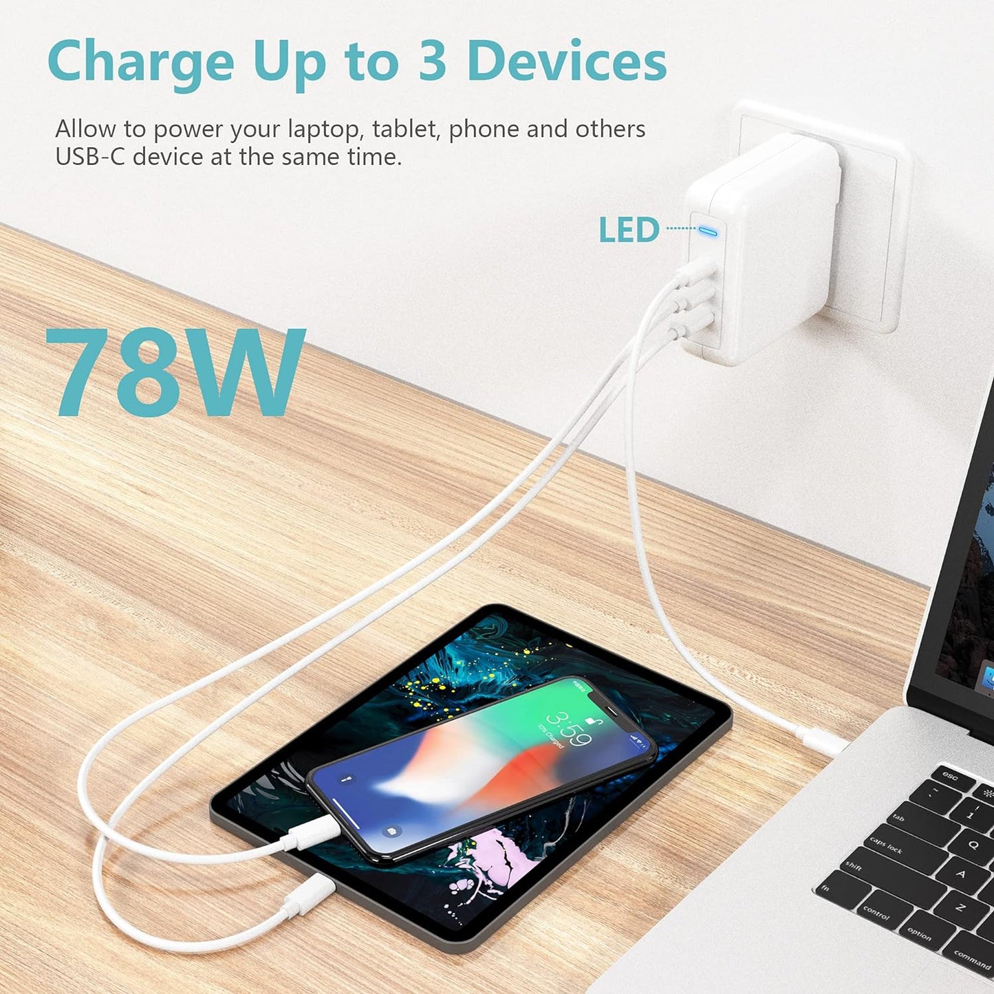 78W USB-C Schnell Ladegerät Netzteil 3 Ports Apple Samsung