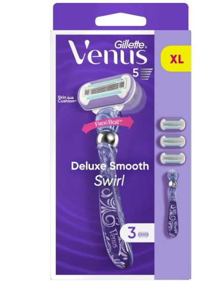 Gillette Venus Deluxe Smooth Swirl Rasierer Damen, Damenrasierer + 3 Rasierklingen mit 5-fach Klinge