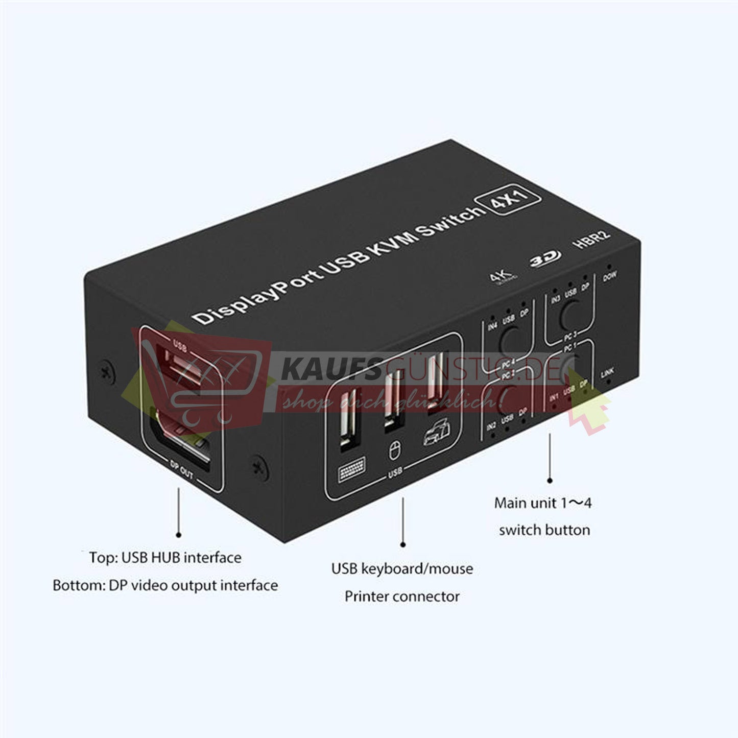 Display Port USB KVM Switch 4K 60Hz 4 In 1 Schalter Box PC teilen Monitor