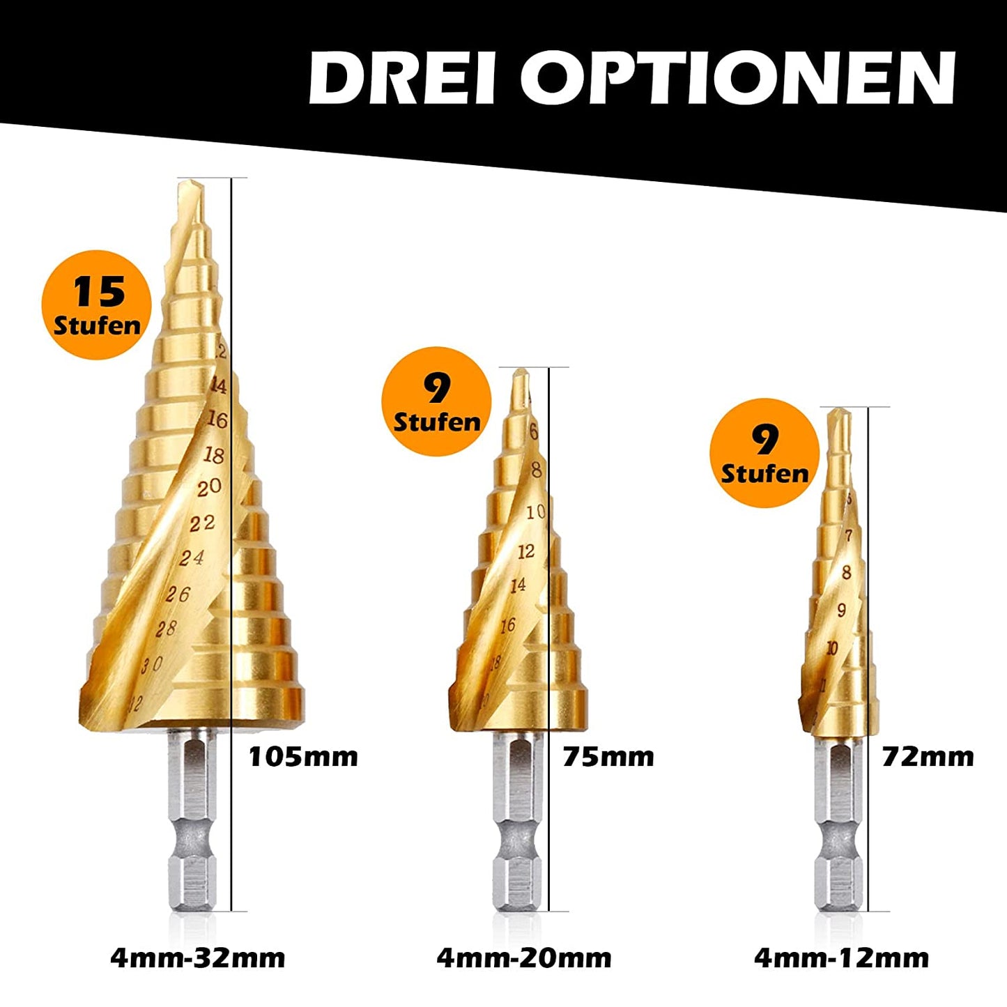 Stufenbohrer Edelstahl Schälbohrer HSS 4-12, 4-20, 4-32 mm Spiralnutstufenbohrer