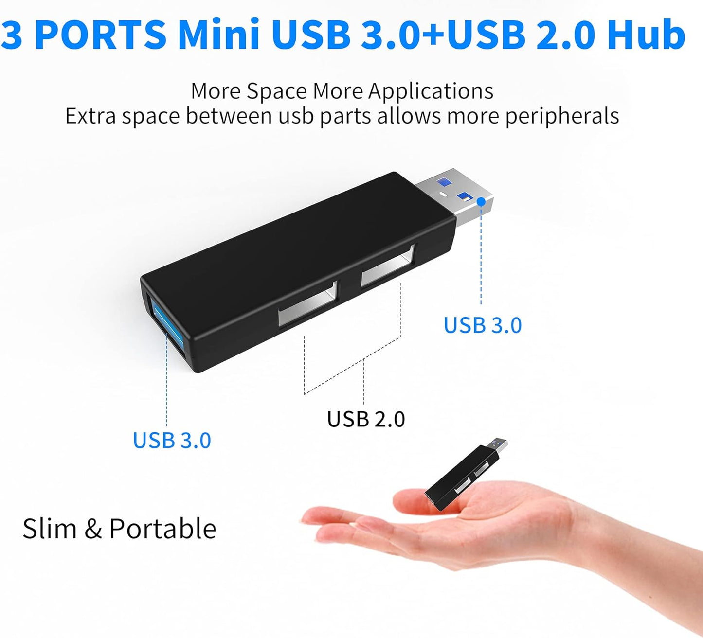 USB 3.0 Hub 3 Ports, Mini tragbarer USB 3.0 Adapter mit 1 USB 3.0 Port, 2 USB 2.0 Ports Ultra Slim USB Slider kompatibel mit Mac Laptop