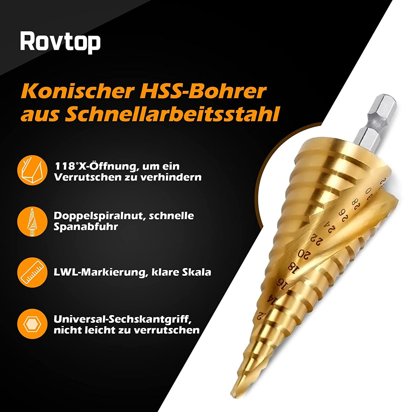 Stufenbohrer Edelstahl Schälbohrer HSS 4-12, 4-20, 4-32 mm Spiralnutstufenbohrer