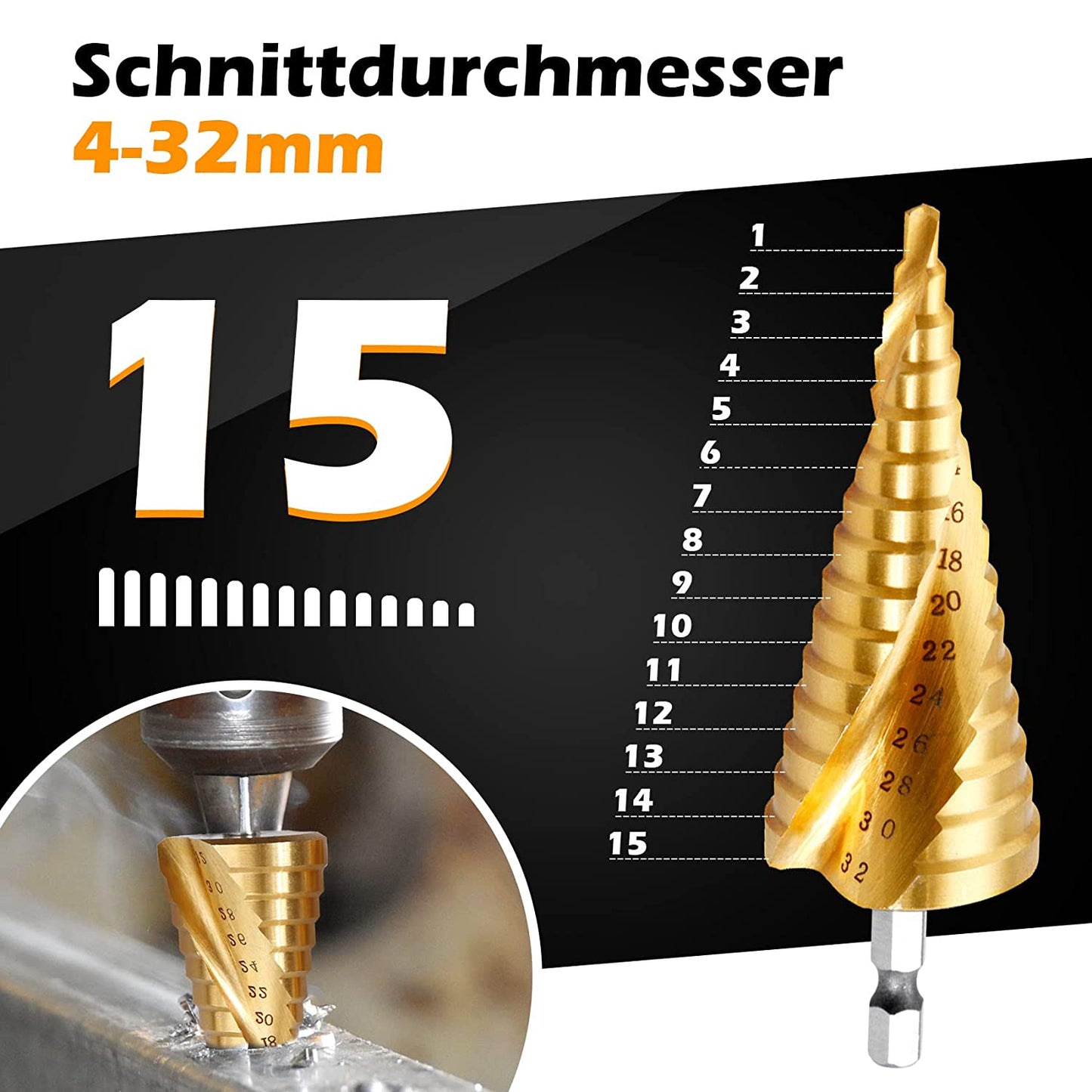 Stufenbohrer Edelstahl Schälbohrer HSS 4-12, 4-20, 4-32 mm Spiralnutstufenbohrer