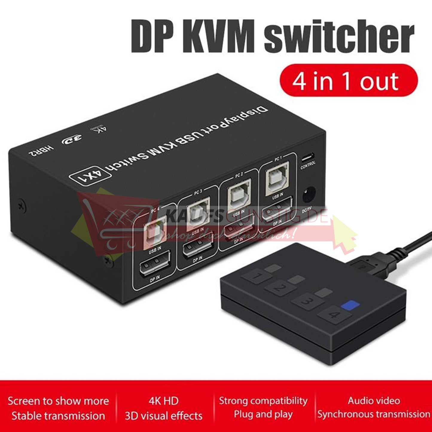 Display Port USB KVM Switch 4K 60Hz 4 In 1 Schalter Box PC teilen Monitor